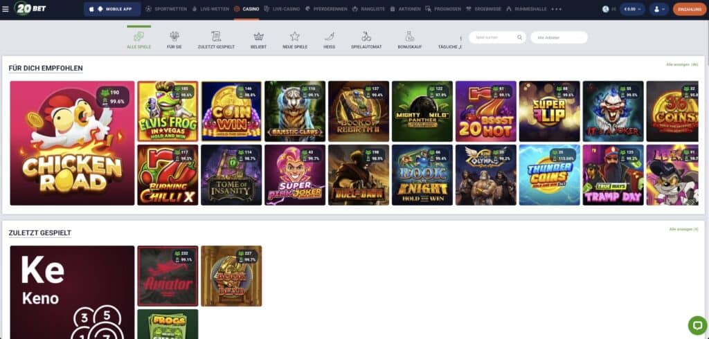 20Bet Casino alle Spiele
